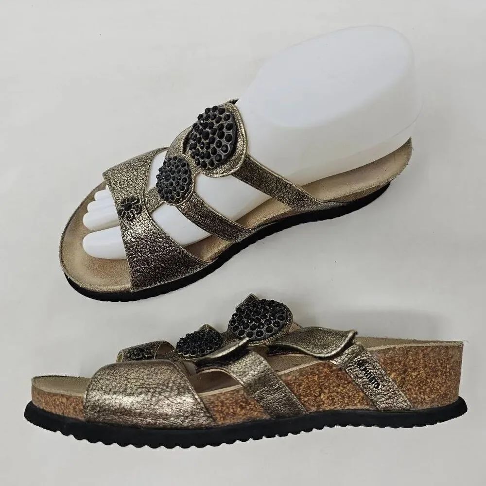 MEPHISTO STRAPPY SANDALS GOLD LEATHER BLACK CHARM WEDGE HEELS 37 US SIZE 7